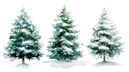 Set of Watercolor Christmas tree, isolated on a white background, Christmas tree painting. Merry Christmas