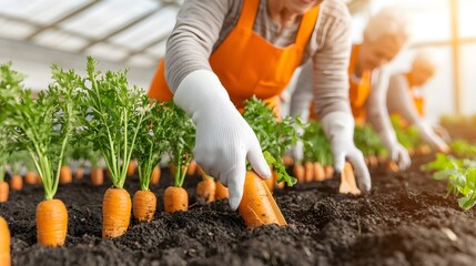 Fototapeta premium Panoramic shot of seniors gardening, bright and cheerful setting, complemented by a sharp, expressive head-shot of a smiling participant