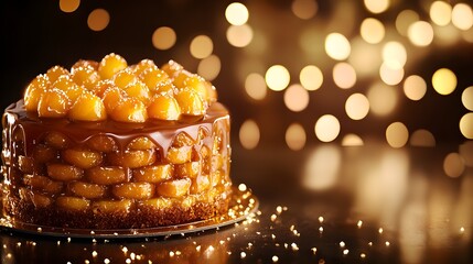 Peach cake close-up, topped with fresh peaches and a shiny glaze, background glowing with out-of-focus golden lights for a festive, refined look