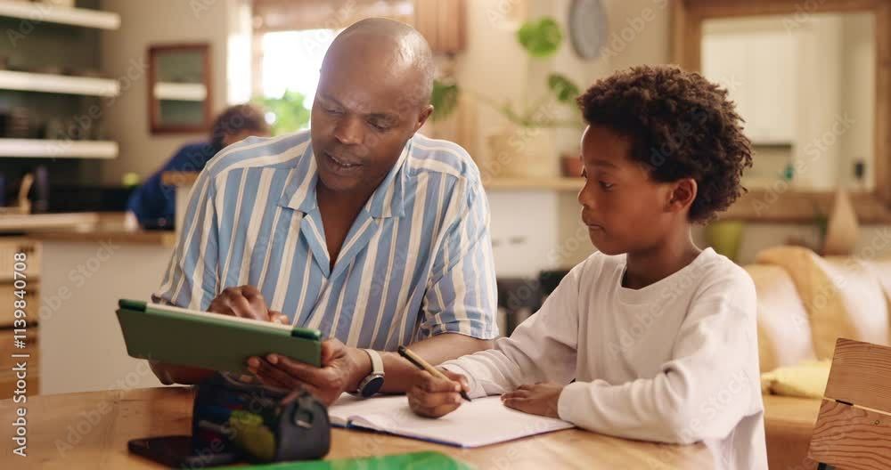 Poster father, boy and help on tablet in home with research for school project and assignment. black family