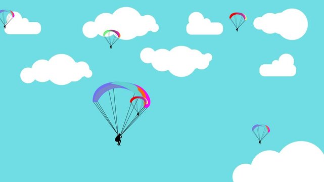 Animation of a parachutist jumping through white clouds in a clear blue sky. His parachute is brightly colored, creating a spectacular aerial view. Ideal for adventure and extreme sports projects.