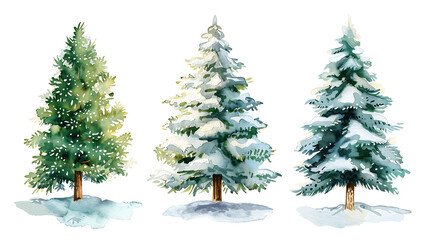 Set of Watercolor Christmas tree, isolated on a white background, Christmas tree painting. Merry Christmas
