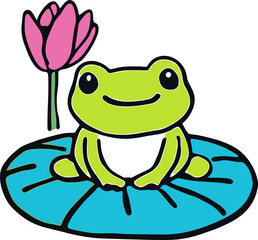 Cartoon Green Frog Sitting on Lily Pad with Pink Flower - Cute Nature Illustration