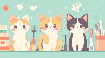 Obraz premium Three cats are sitting on a shelf with a bottle of cat food