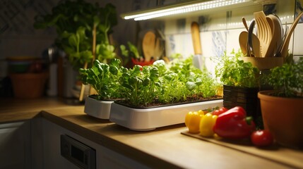 Smart garden with lush herbs in a sleek hydroponic system on a kitchen counter.