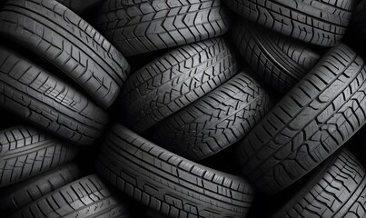 A stack of new car tires neatly arranged in a close up, Generative AI 