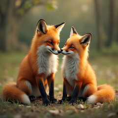 Fototapeta premium Romantic fox couple nuzzling noses in a serene forest setting at sunset