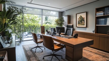 A large office with a desk and two chairs