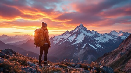 Fototapeta premium Hiker Woman Enjoying Mountain Vista at Sunset