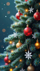 Postcard Illustration: Close-Up of a Christmas Tree Branch Decorated with Twinkling Lights, Frosted Ornaments, and Shimmering Snowflake Decorations. A Festive and Elegant Holiday Scene