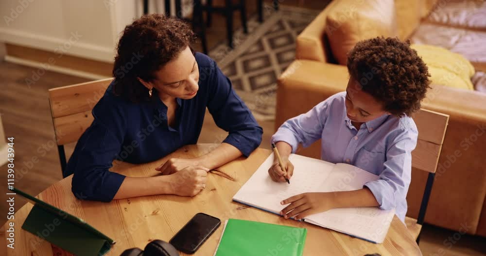 Poster mother, son and help with homework in home for education, learning and support with care. family, pa