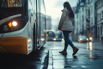 Woman boarding bus at dusk, city lights glow, wet street