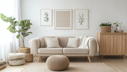 Modern Beige Living Room Interior Design with Plants and Wooden Furniture