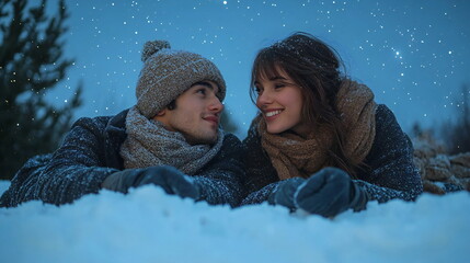 Obraz premium Couple sharing a warm moment surrounded by snow under a starry winter sky