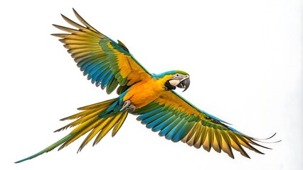 Obraz premium A vibrant photostock image of a colorful parrot in mid-flight with its wings fully spread against a white background.