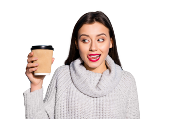Portrait of lovely youth holding hot beverage espresso looking wearing gray sweater isolated over blue background