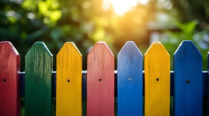 Fototapeta premium Garden design features a vibrant, colorful fence that stands out amidst lush greenery, creating a cheerful atmosphere perfect for outdoor relaxation and enjoyment.