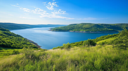 Amazing summer landscape with a wide river and green meadows
