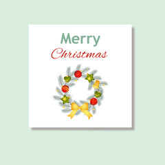Merry christmas greeting card. Christmas card with festive flat design of Christmas wreath. Vector