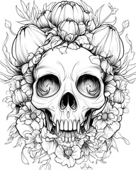 Obraz premium A skull with flowers and leaves surrounding it. The skull is drawn in black and white. The flowers and leaves are drawn in various shades of green and brown. Scene is dark and eerie