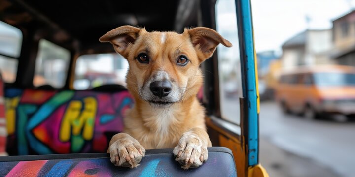 A wide-angle shot of a local mixed-breed dog sitting on the passenger seat of a matatu (Kenyan minibus) decorated with vibrant graffiti, with a busy Nairobi street scene in the background