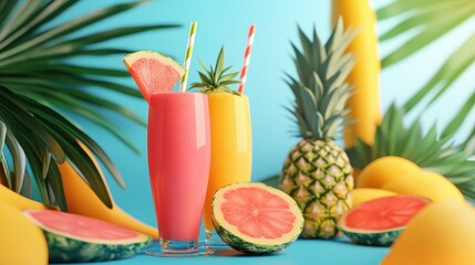 Fototapeta premium Two glasses of fruit juice with a slice of watermelon in each