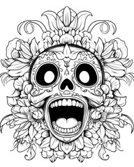 Fototapeta premium A skull with flowers and leaves surrounding it. The skull has a mouth open and a heart in the middle of the mouth. The flowers and leaves are in various sizes and are scattered around the skull
