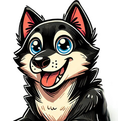 Cartoon-style illustration of a happy black Laika dog with big eyes, a smiling expression, and a colorful design. Vector style illustration