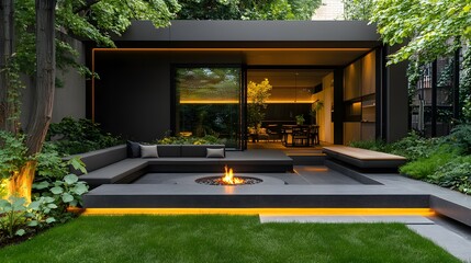 Garden design features a modern outdoor space with sleek lines and ambient lighting, creating an inviting atmosphere for relaxation and gatherings amidst lush greenery.