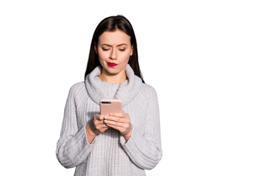 Pretty lady holding telephone hands have doubts about boyfriend sms wear warm knitted pullover isolated blue background