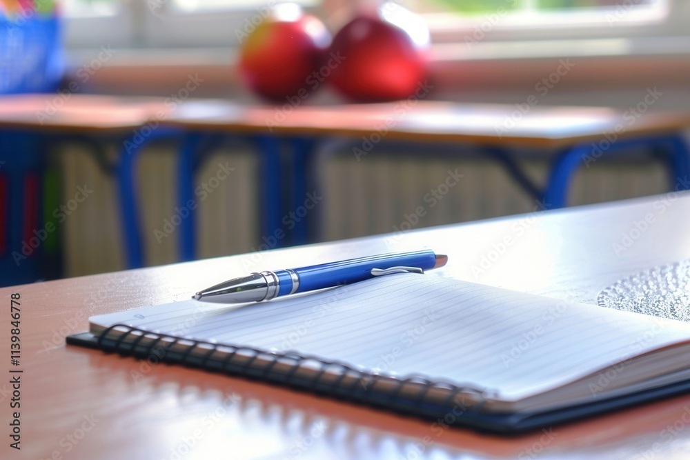 Fototapete notebook and pen resting on a desk in a modern classroom filled with bright orange chairs during a s