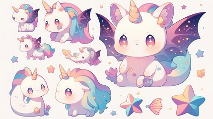 Cute illustrations of unicorns with wings and colorful accents.
