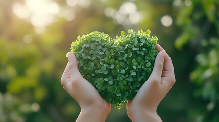 Hands holding heart-shaped green sprouts.