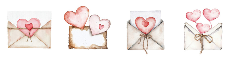 Obraz premium A series of illustrated envelopes and notes adorned with hearts, symbolizing love and affection, white background, transparent background.