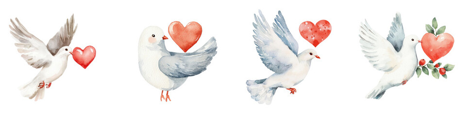 Fototapeta premium Four white doves are depicted, each holding a heart, symbolizing love and peace, white background, transparent background.