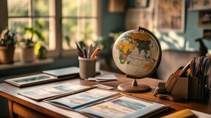 A desk with a globe and a pen holder
