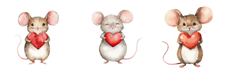 Three cute mice are holding red hearts, showcasing a playful and affectionate theme, white background, transparent background.
