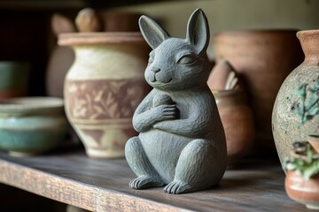 Carved rabbit figurine sits among pottery.