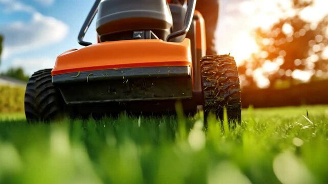 Lawn care tool cutting fresh grass at sunset, vibrant green landscape.