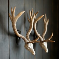 Naklejka premium Two deer head wall mounts on dark wood.
