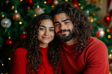 A man and woman standing in front of a Christmas tree