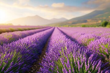 Obraz premium Vast Lavender Fields with Cascading Purple Blossoms in Dreamy Countryside Landscape