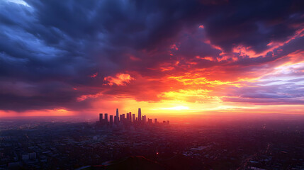 Fototapeta premium Fiery Sunset Cityscape Illustration