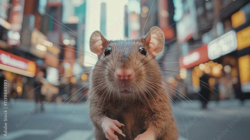 Wall mural Large rat with detailed realistic texture standing on city street, looking directly at camera, urban environment presence emphasized.