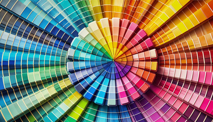 Fototapeta premium A vibrant color palette fan featuring a variety of paint swatches arranged in a circular rainbow spectrum