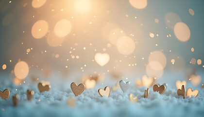 Naklejka premium Wooden heart shapes on a snowy background with a blurred bokeh effect and sparkling lights