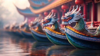 Vibrant dragon boats with ornate dragon heads docked on calm waters, capturing colorful traditions of Chinese culture. Stunning artistry reflects festive symbolism and heritage celebration