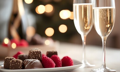 Champagne and chocolates on a luxurious table, Generative AI 