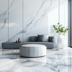 Featuring glossy white marble floors and walls with modern decor, this interior radiates sophistication and luxury, perfect for elite residential or commercial environments.