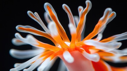 Close-up of vibrant coral-like sea anemone with intricate, orange and white tentacles.